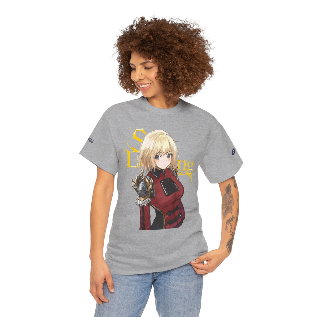 Anime knight graphic T-shirt with fantasy warrior artwork