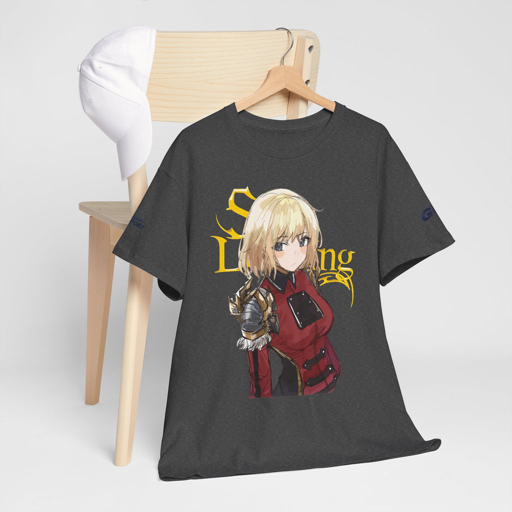 Anime knight graphic T-shirt with fantasy warrior artwork