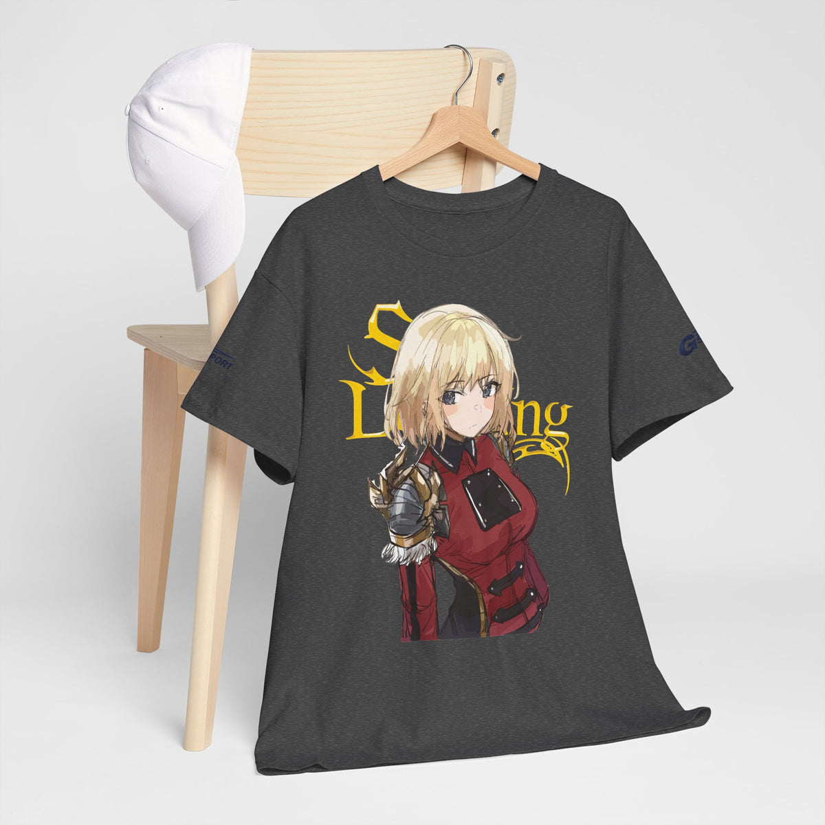 Anime knight graphic T-shirt with fantasy warrior artwork