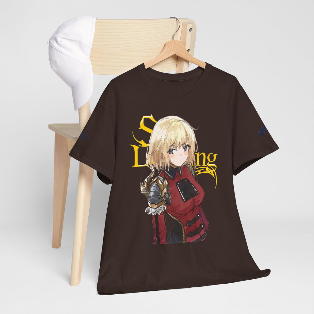 Anime knight graphic T-shirt with fantasy warrior artwork