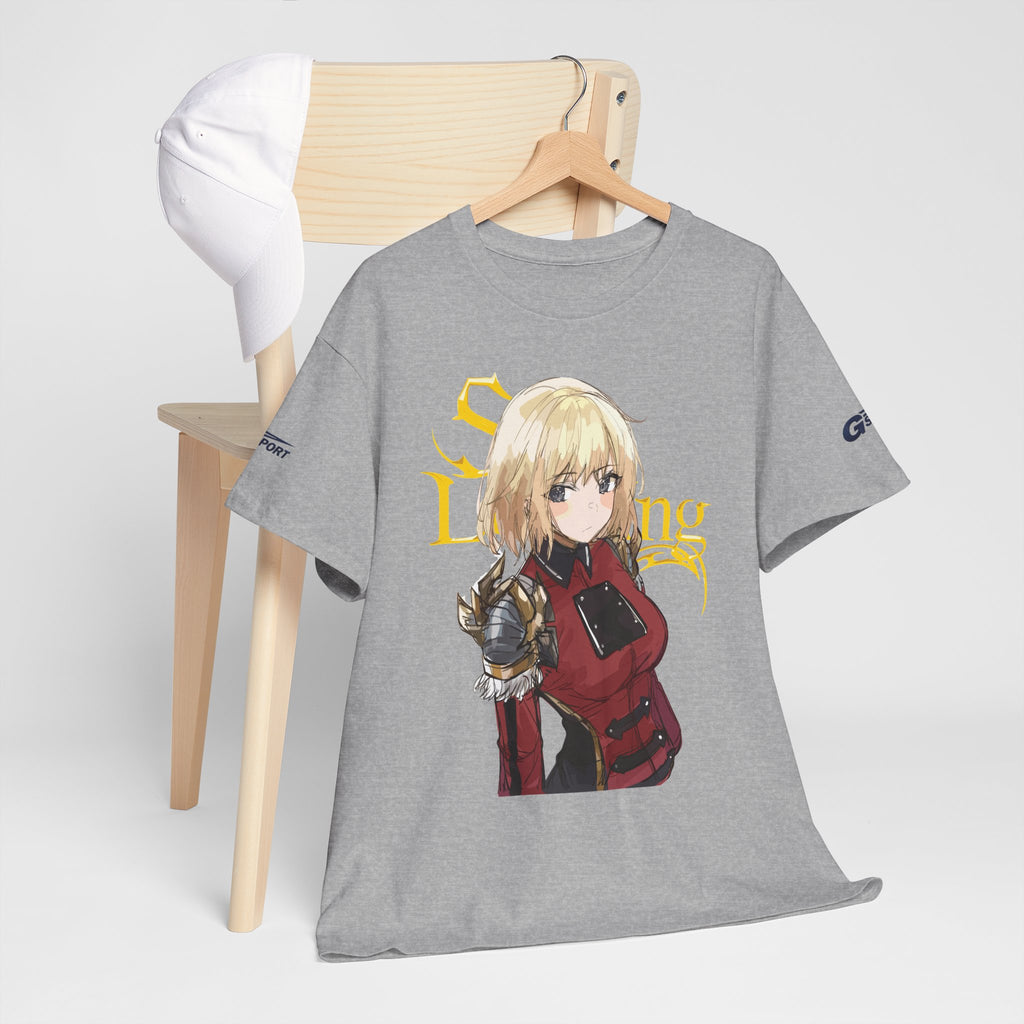 Anime knight graphic T-shirt with fantasy warrior artwork