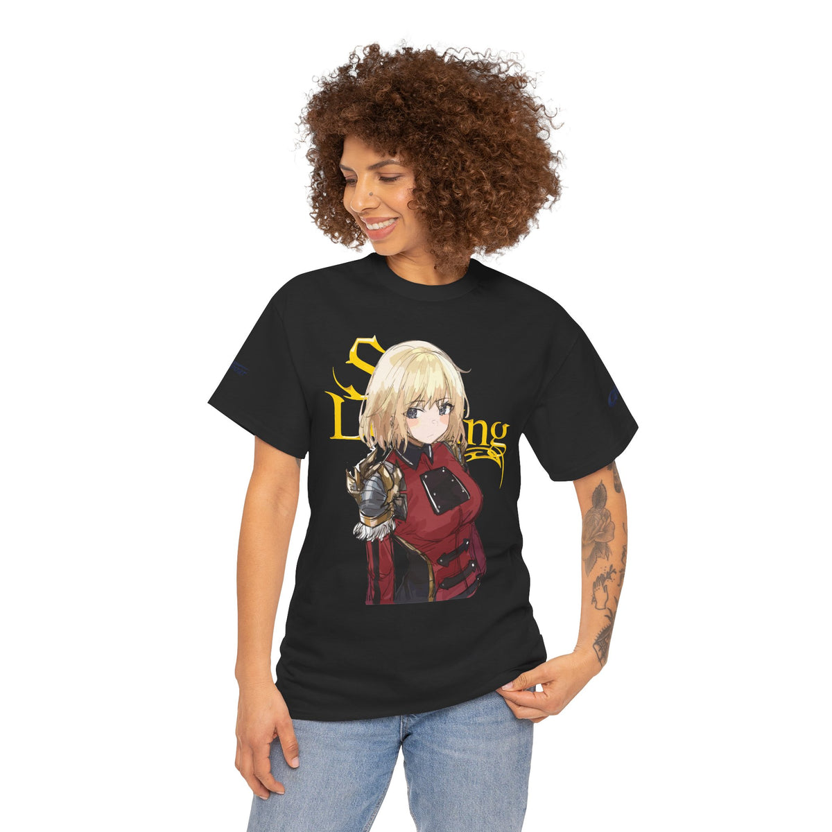 Anime knight graphic T-shirt with fantasy warrior artwork