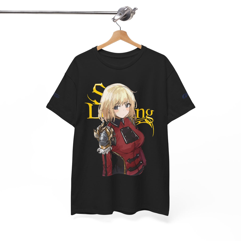 Anime knight graphic T-shirt with fantasy warrior artwork